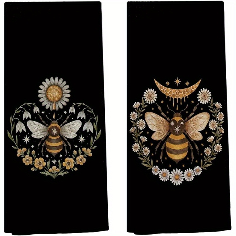 

2pcs, Hand Towels, Little Bee And Daisy Printed Kitchen Hand Towels, Soft Microfiber Decorative Dishcloths, Absorbent Drying Towels For Kitchen Decor & Cleaning