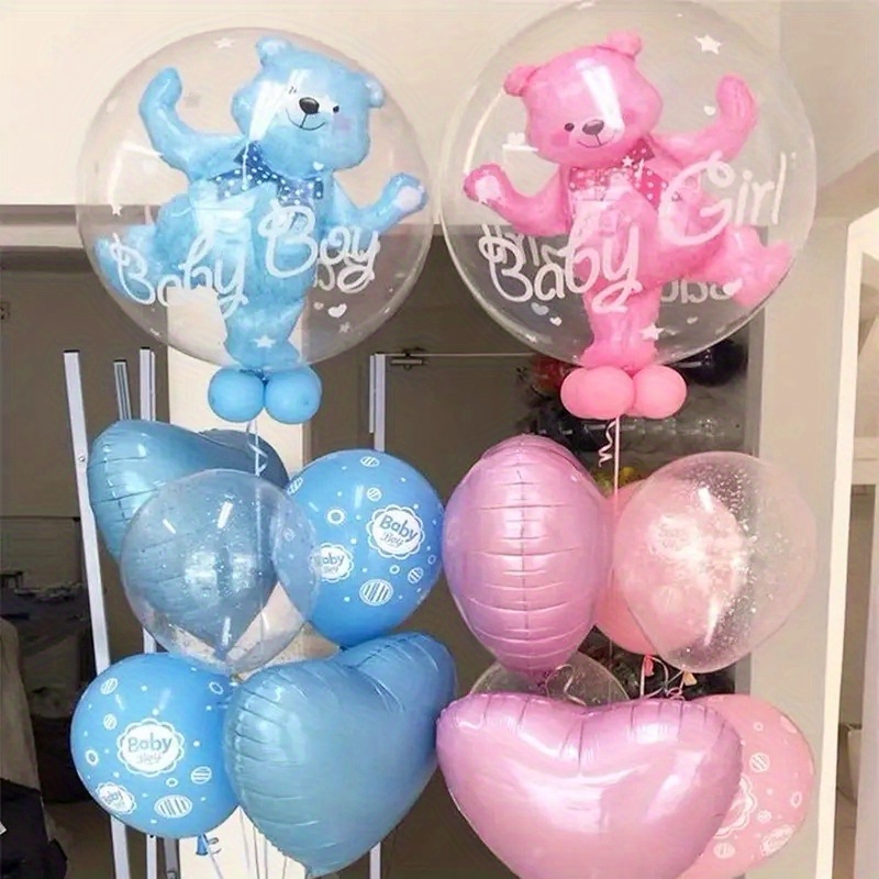 

5pcs, Bear And Heart Foil Balloon Set - Gender Reveal Party Decoration Balloons Birthday Party Decoration Balloons Baby Shower Decor Home Room Decor