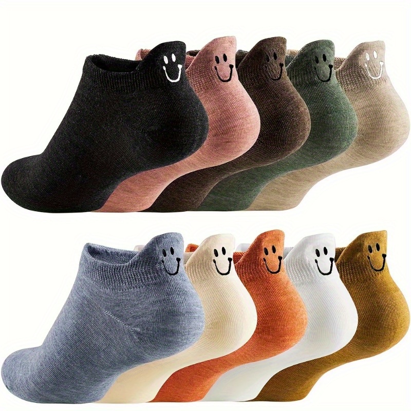 

5 Pairs Cute Face Socks, Simple & Breathable Low Cut Socks, Women's Stockings & Hosiery