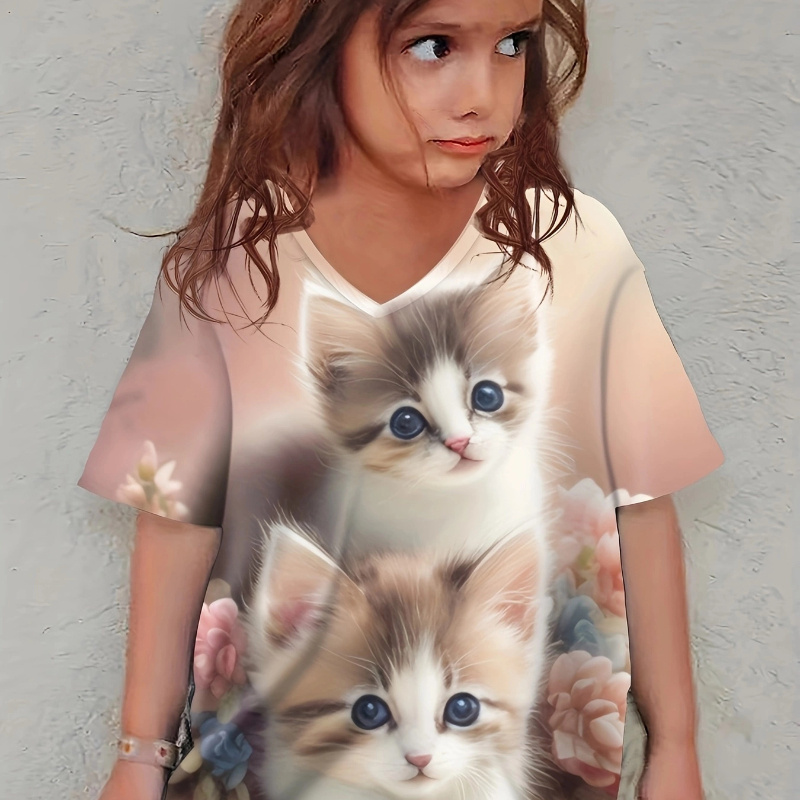 

Knit Cat Print Short Sleeve V Neck T-shirt For Girls, Casual Comfy Breathable Summer Tee Top Versatile Gift