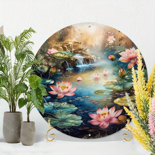 2D Flat - 【2D Flat】 2D Flat Printing 1pc Metal Iron Sign Lotus Pond Scenery Art Set, HD Wall Decor for Home, Bar, Cafe - Pre-Drilled, Weather Resistant Metal Signs, 8\ X8\