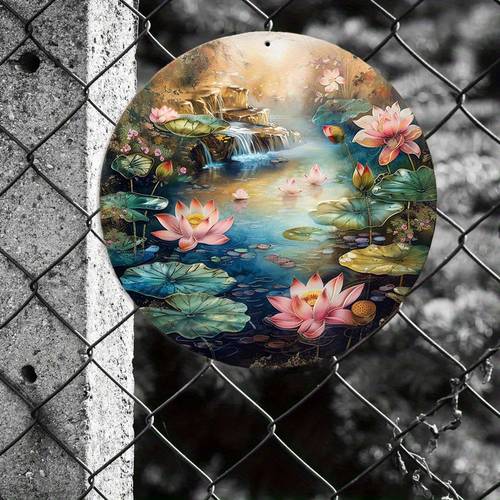 2D Flat - 【2D Flat】 2D Flat Printing 1pc Metal Iron Sign Lotus Pond Scenery Art Set, HD Wall Decor for Home, Bar, Cafe - Pre-Drilled, Weather Resistant Metal Signs, 8\ X8\