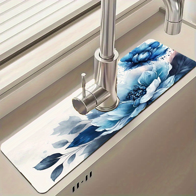 

1pc, Drain Pad, Blue Flowers Printed Faucet Drain Mat, Bathroom Faucet Splash Mat, Kitchen Bathroom Counter Accessories, Moisture-proof Faucet Mat, Countertop Protection