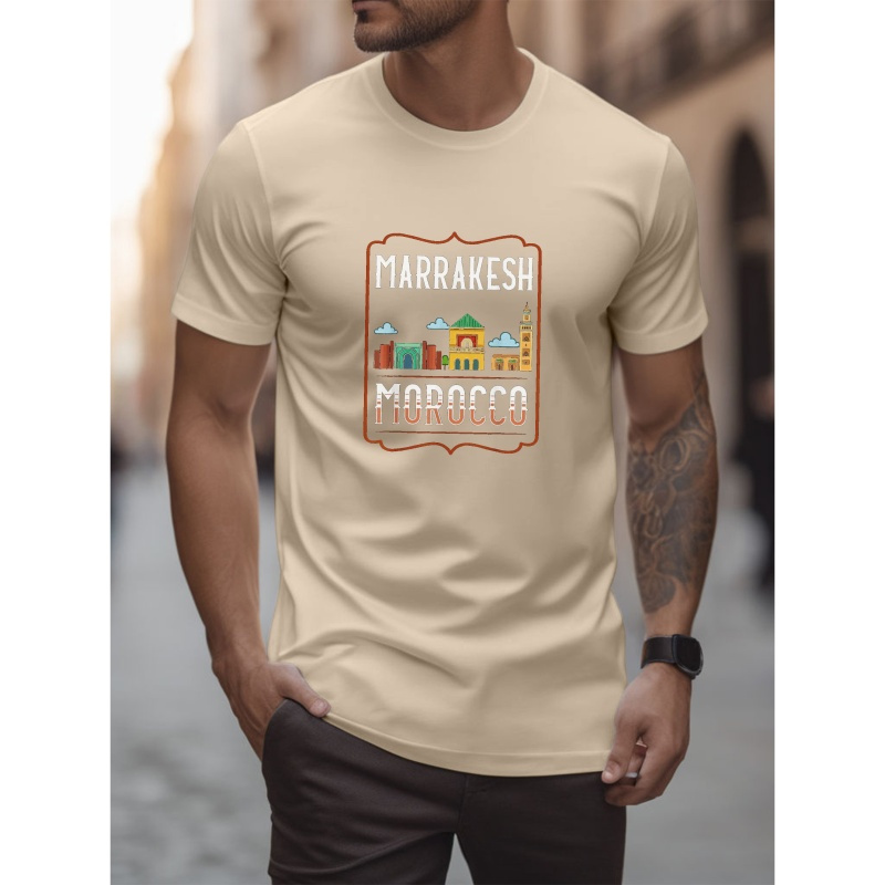 

T-shirt polyvalent à manches courtes pour hommes, élégant et décontracté avec un col rond et un imprimé "Marrakech Maroc", haut tendance pour l'été et le printemps à porter au quotidien.