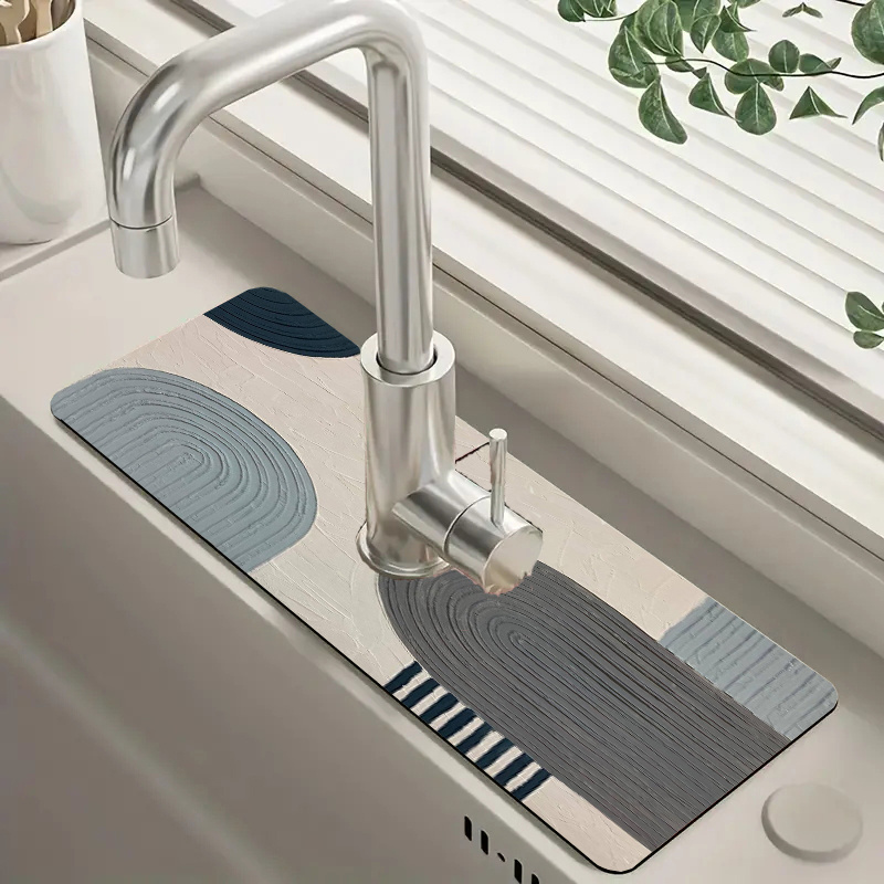 

1pc Modern Minimalist Printed Faucet - Polyester, Waterproof Countertop Drain Mat For Kitchen & Bathroom