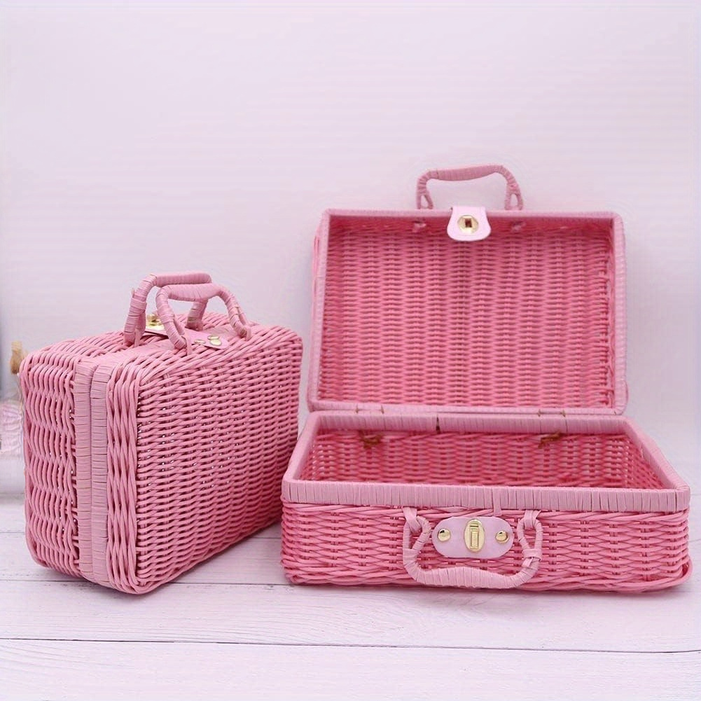 

1pc Vintage Rattan Woven Storage Case, Makeup Holder Suitcase Sundries Organizer Box With Handles, Rectangular Wicker Basket For Shelf Organize Light