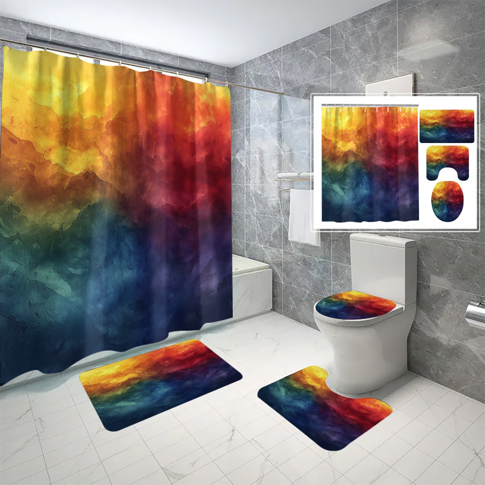 

4pcs/set Artistic Digital 3d Print Shower Curtain And Mats, Waterproof Shower Curtain With 12 Hooks, Bathroom Rug, Toilet Mat, Toilet Lid Cover Pad, Bathroom Decor, Shower Curtain Sets For Bathrooms