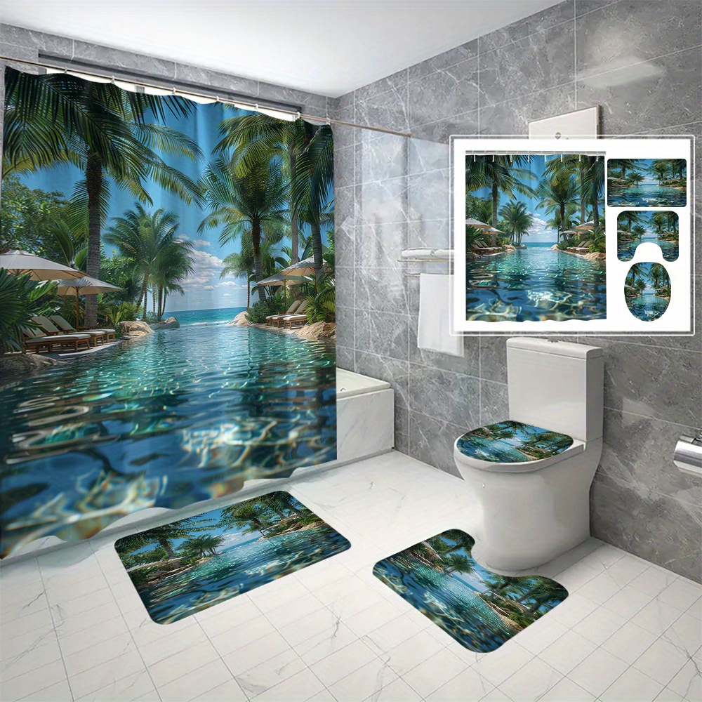 

4pcs/set Tropical Beach Scene Shower Curtain And Mats, Waterproof Shower Curtain With 12 Hooks, Bathroom Rug, Toilet Mat, Toilet Lid Cover Pad, Bathroom Decor, Shower Curtain Sets For Bathrooms