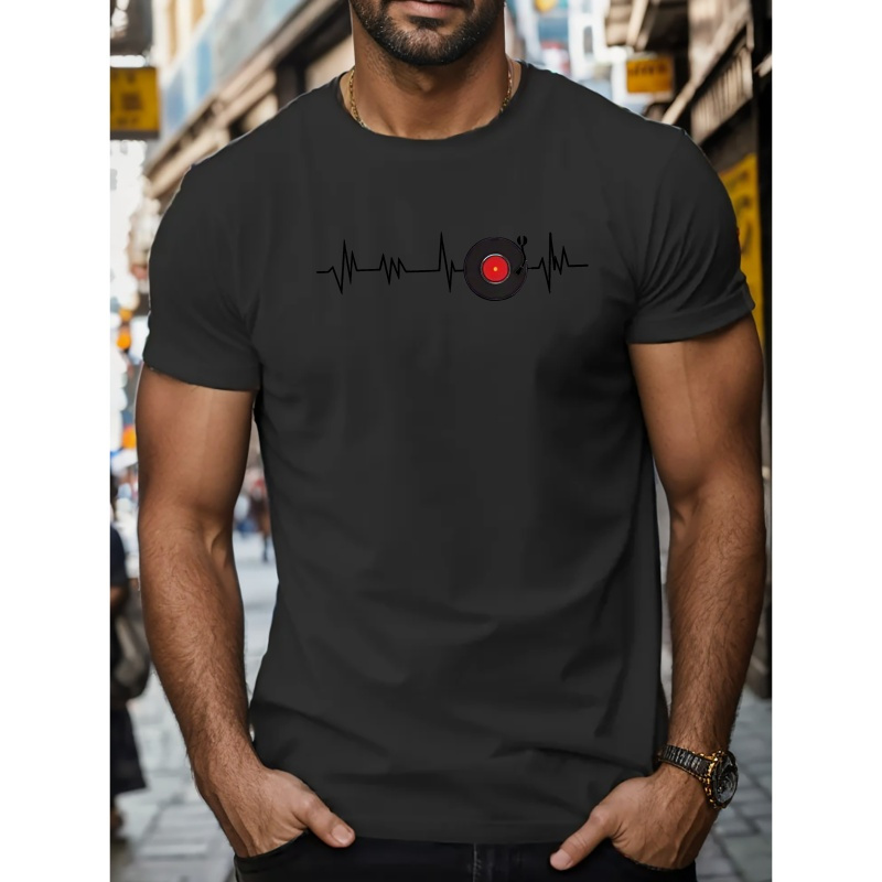 

Magnetic Disc Dj Electrocardiogram Graphic Design Crew Neck Short Sleeve T-shirt For Men, Casual Summer T-shirt For Daily Wear And Vacation Resorts