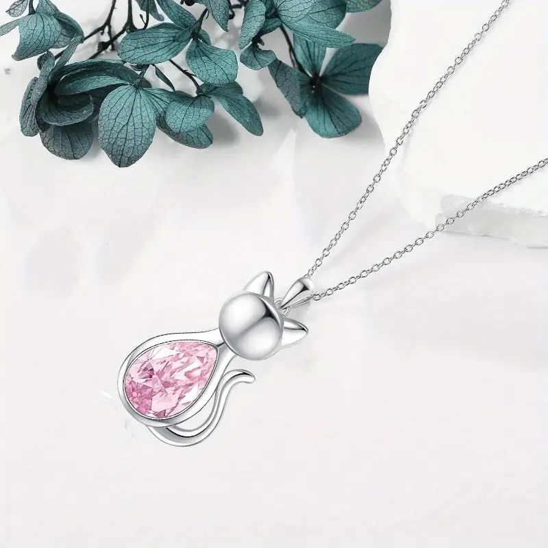 cute cat pendant necklace stainless steel chain with white k gold plating fashionable and versatile gift for men details 2