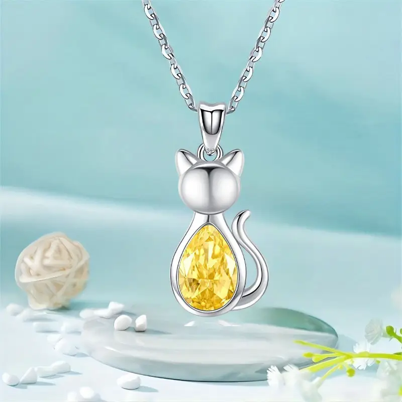 cute cat pendant necklace stainless steel chain with white k gold plating fashionable and versatile gift for men details 6