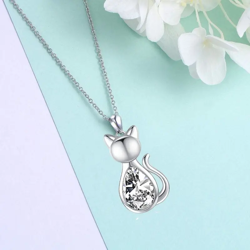 cute cat pendant necklace stainless steel chain with white k gold plating fashionable and versatile gift for men details 1