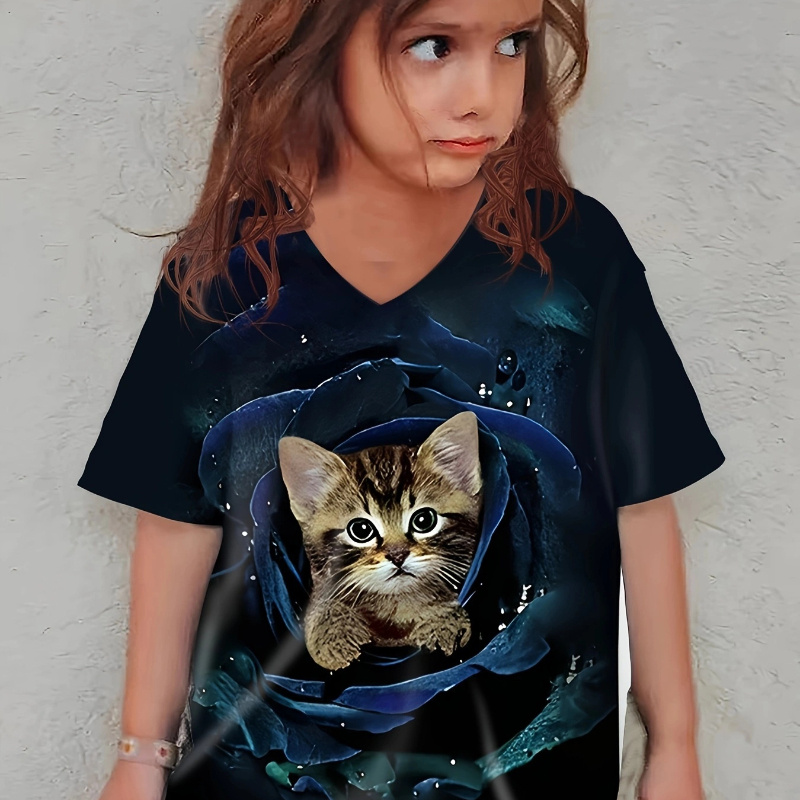 

Cat Graphic Short Sleeve V Neck T-shirt For Girls, Casual Comfy Breathable Versatile Tee Top Summer Gift