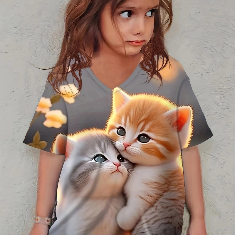 

Cute Cat Pattern Short Sleeve V Neck T-shirt For Girls, Casual Comfy Breathable Versatile Tee Top Summer Gift