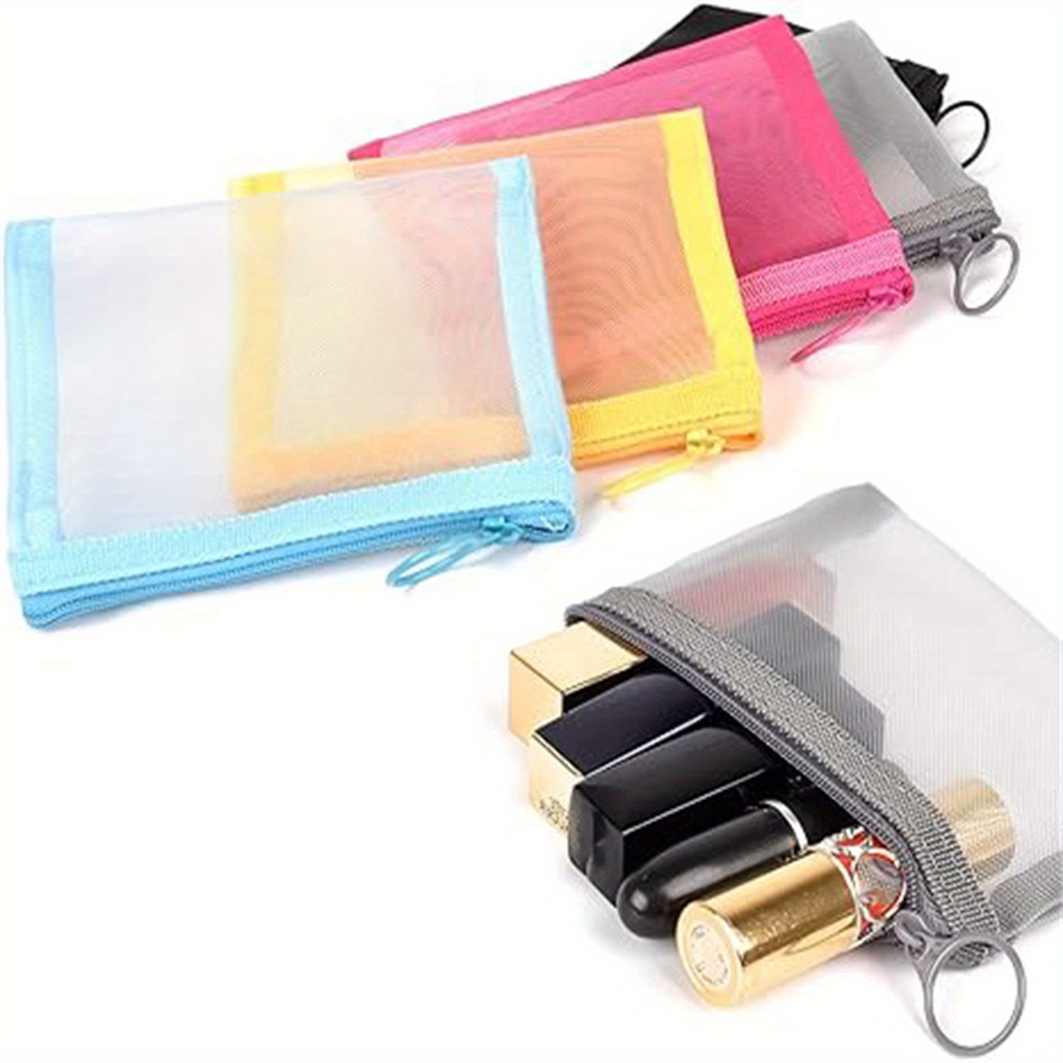 

5pcs Mini Zipper Mesh Bags, 4" X 5", Beauty Makeup Lipstick Cosmetic Accessories Organizer, Small Travel Kit Storage Pouch, Assorted Colors
