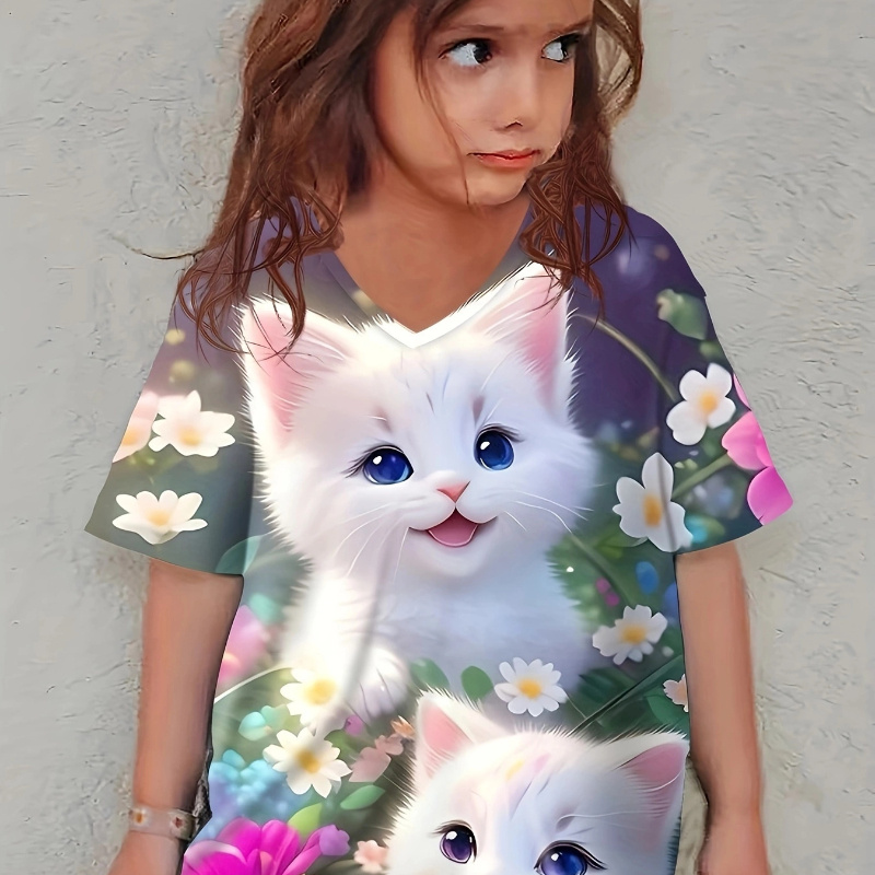 

Knit Cat Graphic Short Sleeve V Neck T-shirt For Girls, Casual Comfy Breathable Summer Tee Top Versatile Gift