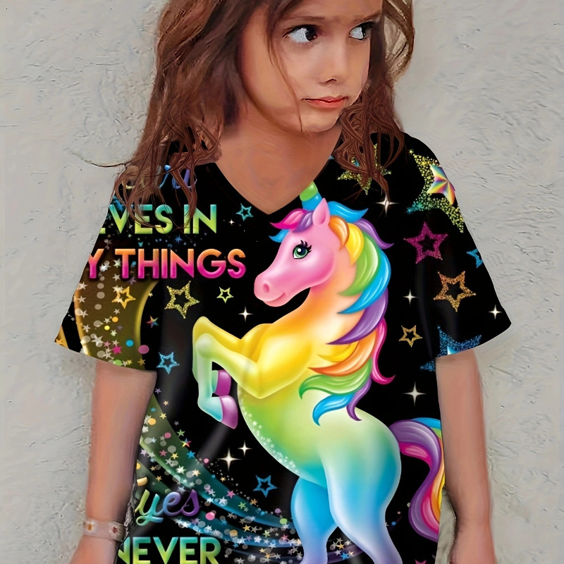 

Colorful Unicorn Graphic Short Sleeve V Neck T-shirt For Girls, Casual Comfy Breathable Versatile Tee Top Summer Gift