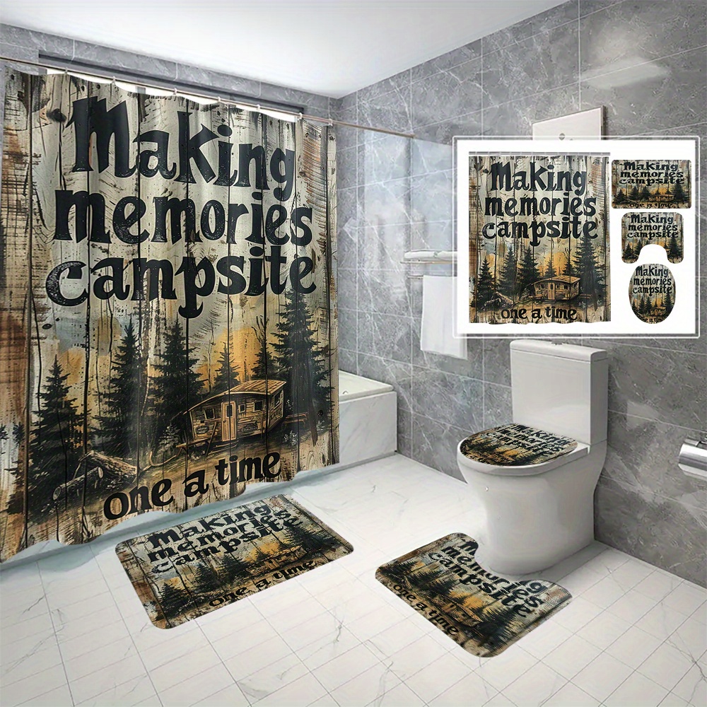 

4pcs/set Rustic Cabin Shower Curtain And Mats, Waterproof Shower Curtain With 12 Hooks, Bathroom Rug, Toilet U-shape Mat, Toilet Lid Cover Pad, Bathroom Decor, Shower Curtain Sets For Bathrooms