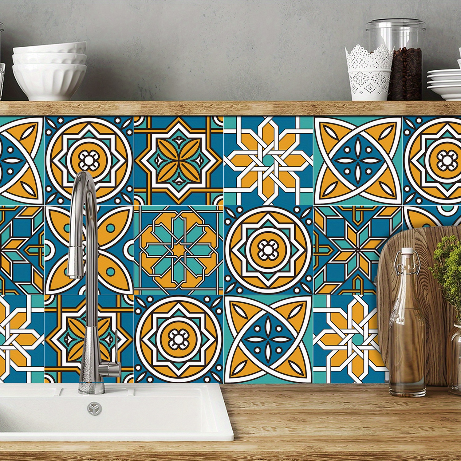 壁装飾タイルステッカー 20X20 CM ブルー キッチン壁装飾タイルステッカー 浴室用 壁タイルに貼る キッチンのバックスプラッシ タイル貼り、  キッチン・バスルーム用 粘着式レンガタイルステッカー ブラウングレー 10x20cm 12/24/48枚(12 Pcs 24枚入り、はがして貼る ... レトロな床のキッチンタイル タイルステッカー 12/24/36枚パック 20x20cm 貼ってはがせる 防水 防油 バックスプラッシ