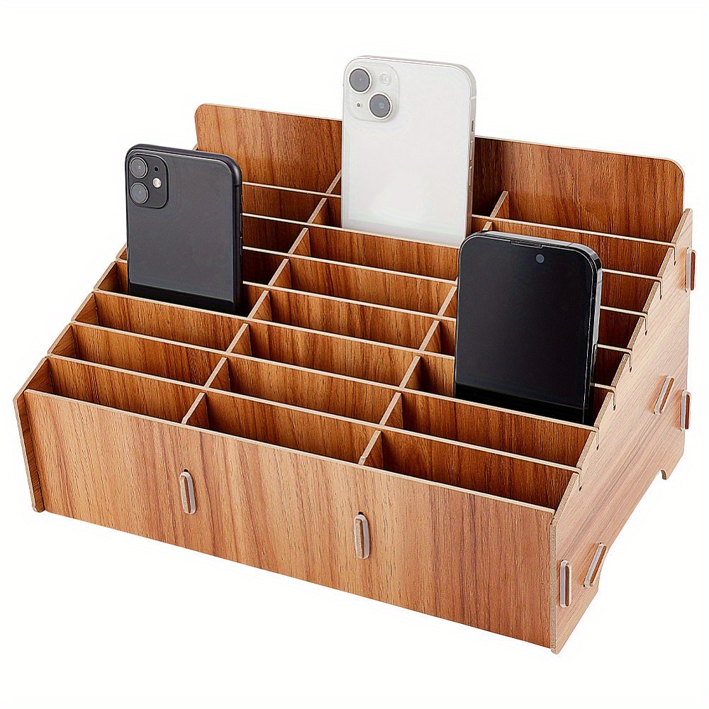 

1pc 24-grid Wooden Cell Phone Storage Box, Mobile Phone Holder, Desktop Organizer Storage Box For Classroom Office Burlywood Finished