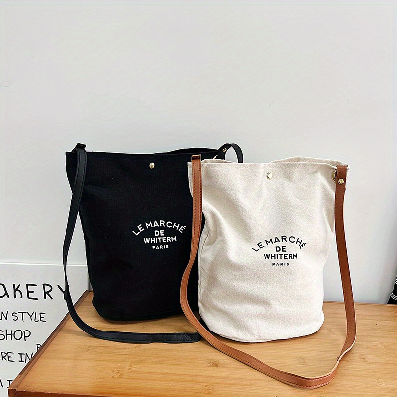 

Letter Printed Bucket Bag For Women, Large Capacity Canvas Crossbody Bag, Literary Artistic Class Single Shoulder Bag