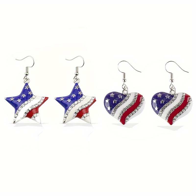 

2 Pairs Independence Day Love Heart Inlaid Zircon Earrings Women's American Flag Pattern Dangle Earrings Jewelry Gift