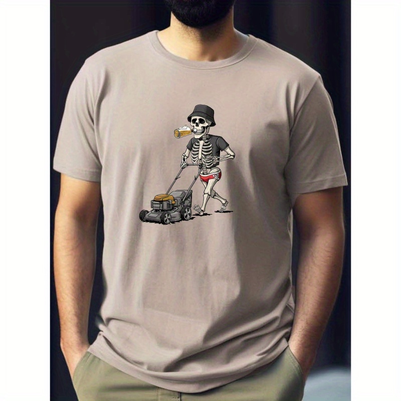 

Skeleton Mowing The Lawn Print Tee Shirt, Tees For Men, Casual Short Sleeve T-shirt For Summer