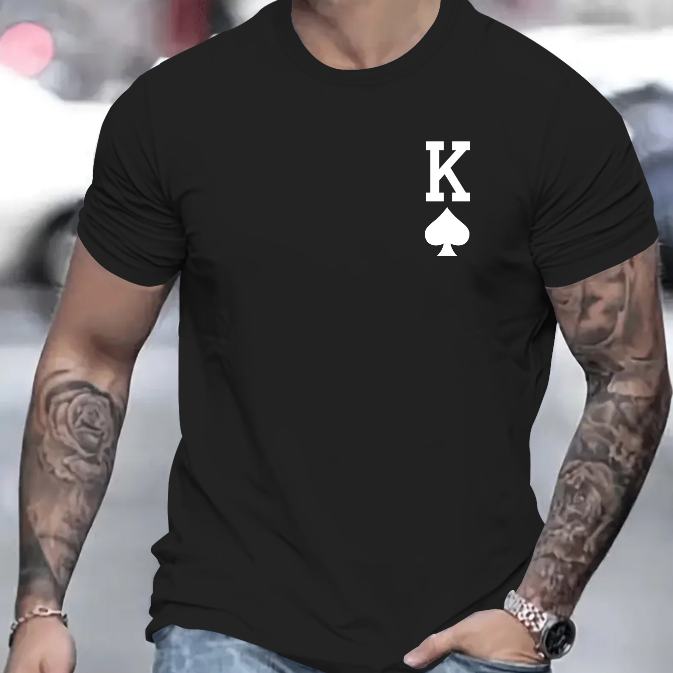 

Men's Casual Novelty T-shirt, K Of Spades Creative Print Short Sleeve Summer Top, Comfort Fit, Stylish Crew Neck Tee For Daily Wear