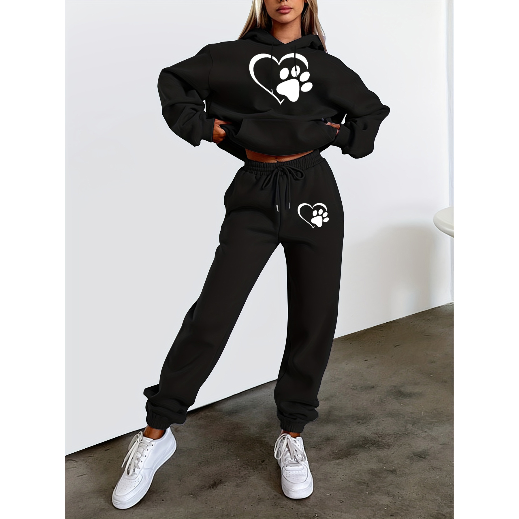 

Casual Heart & Paw Print Two-piece Pants Set, Long Sleeve Crew Neck Pullover Hoodies & Skinny Side Pockets Pants Outfits, Women's Clothing Fall & Winter
