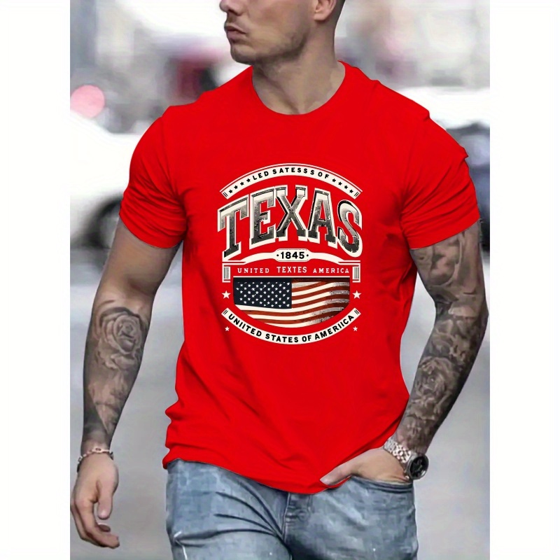 

Texas "trendy Print Casual Short-sleeved T-shirt For Men, Spring And Summer Top, Comfortable Round Neck Tee, Regular Fit, Versatile Fashion For Everyday Wear