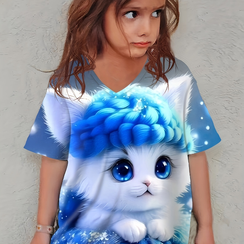 

Knit Cat Graphic Short Sleeve V Neck T-shirt For Girls, Casual Comfy Breathable Summer Tee Top Versatile Gift