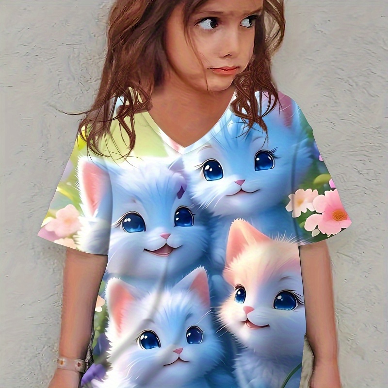 

Cartoon Cat Graphic Short Sleeve V Neck T-shirt For Girls, Casual Comfy Breathable Tee Versatile Top Summer Gift