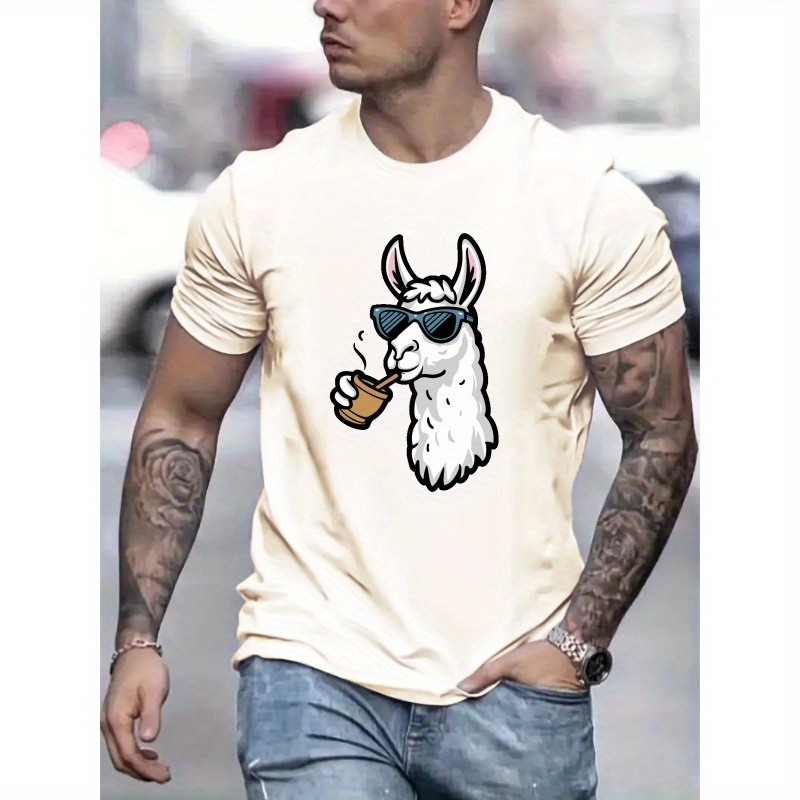 

Men's Casual Round Neck T-shirt With Llama & Sunglasses Print, Trendy Men's Round Neck Short Sleeve, Comfortable And Stretchy, Suitable For Spring &summer