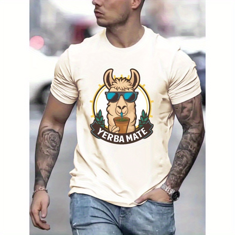 

Men's Casual Short Sleeve T-shirt With Unique Alpaca Print - Soft Polyester , , Round Neck - Summer