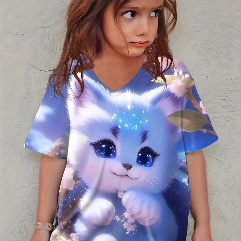 

Knit Cat Graphic Short Sleeve V Neck T-shirt For Girls, Casual Comfy Breathable Summer Tee Top Versatile Gift