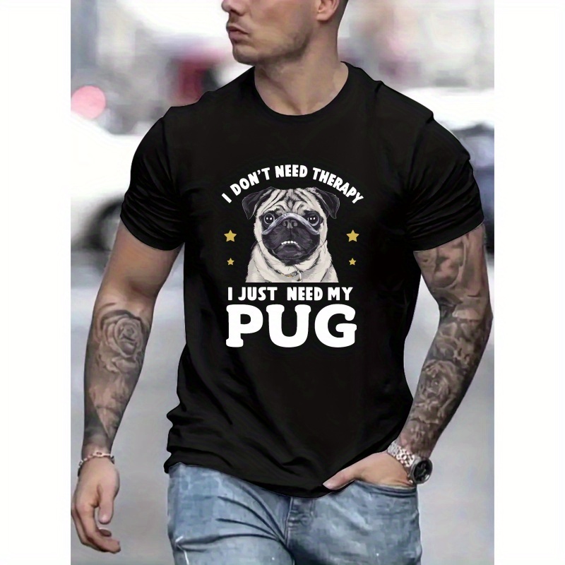 

Men's T-shirt, Pug Graphic Print Short Sleeve Crew Neck Tees For Summer, Casual Outdoor Comfy Clothing For Male