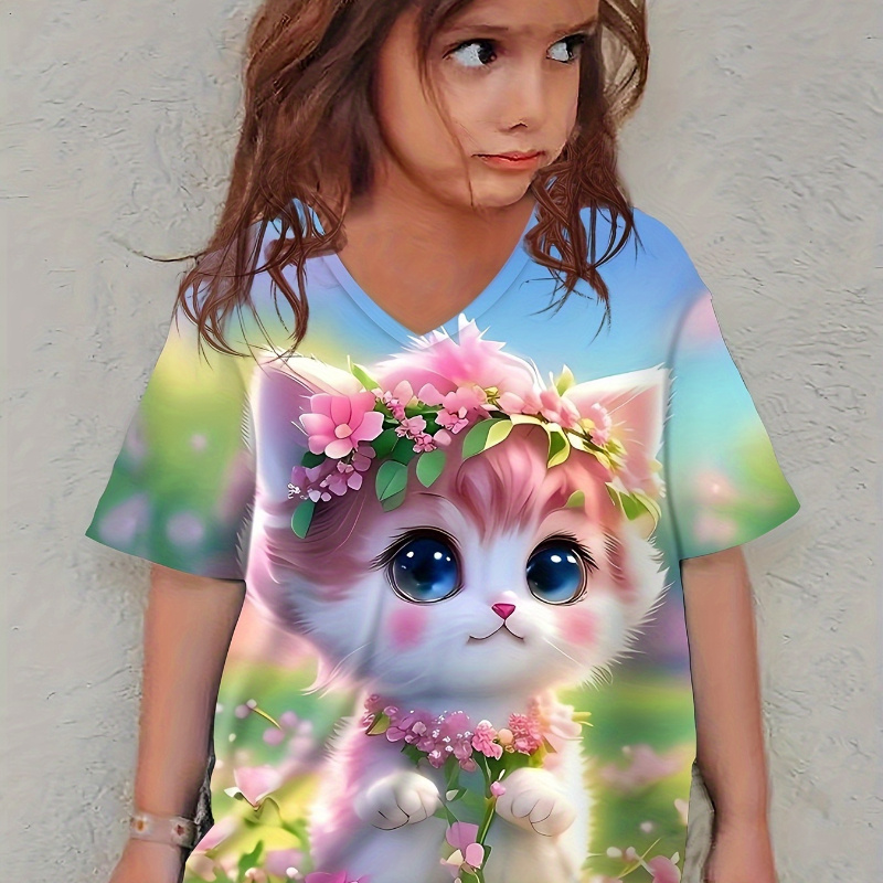 

Knit Cat Graphic Short Sleeve V Neck T-shirt For Girls, Casual Comfy Breathable Summer Tee Top Versatile Gift