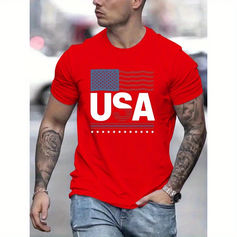 

Men's Versatile Short Sleeve T-shirt, Stylish And Causal Round Neck Tee With Usa Flag Print, Summer & Spring Trendy Top For Daily Wear