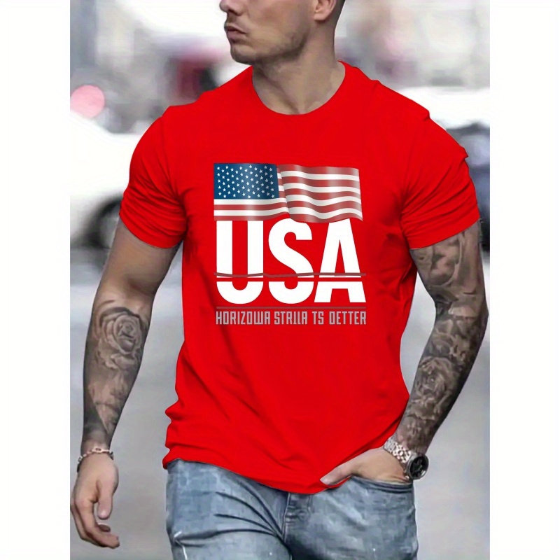 

Men's Versatile Short Sleeve T-shirt, Stylish And Causal Round Neck Tee With Usa Flag Print, Summer & Spring Trendy Top For Daily Wear