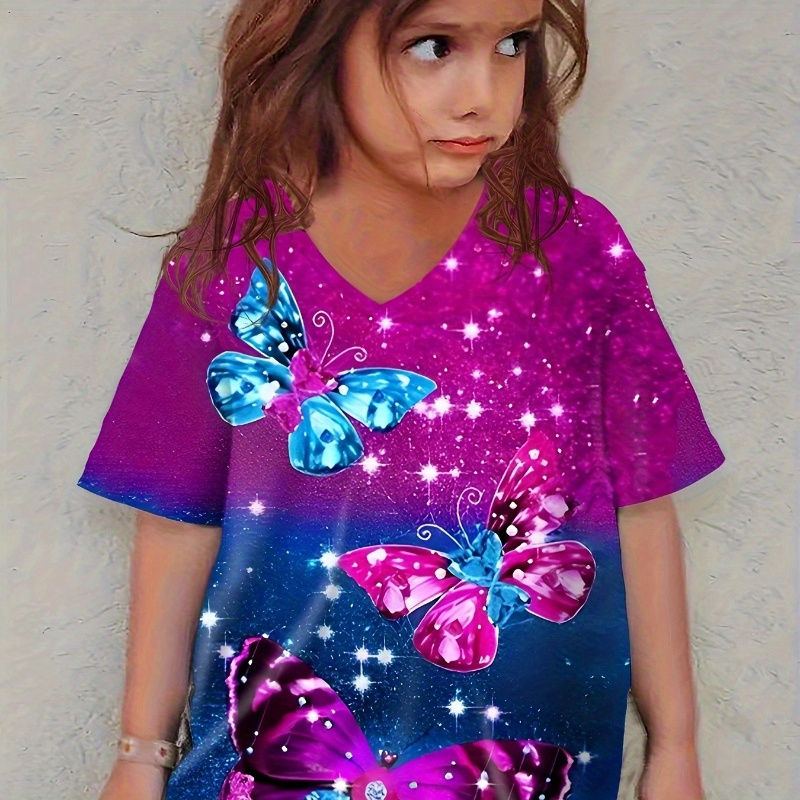 

Knit Butterfly Pattern Short Sleeve Crew Neck T-shirt For Girls, Casual Comfy Breathable Summer Tee Top Versatile Gift