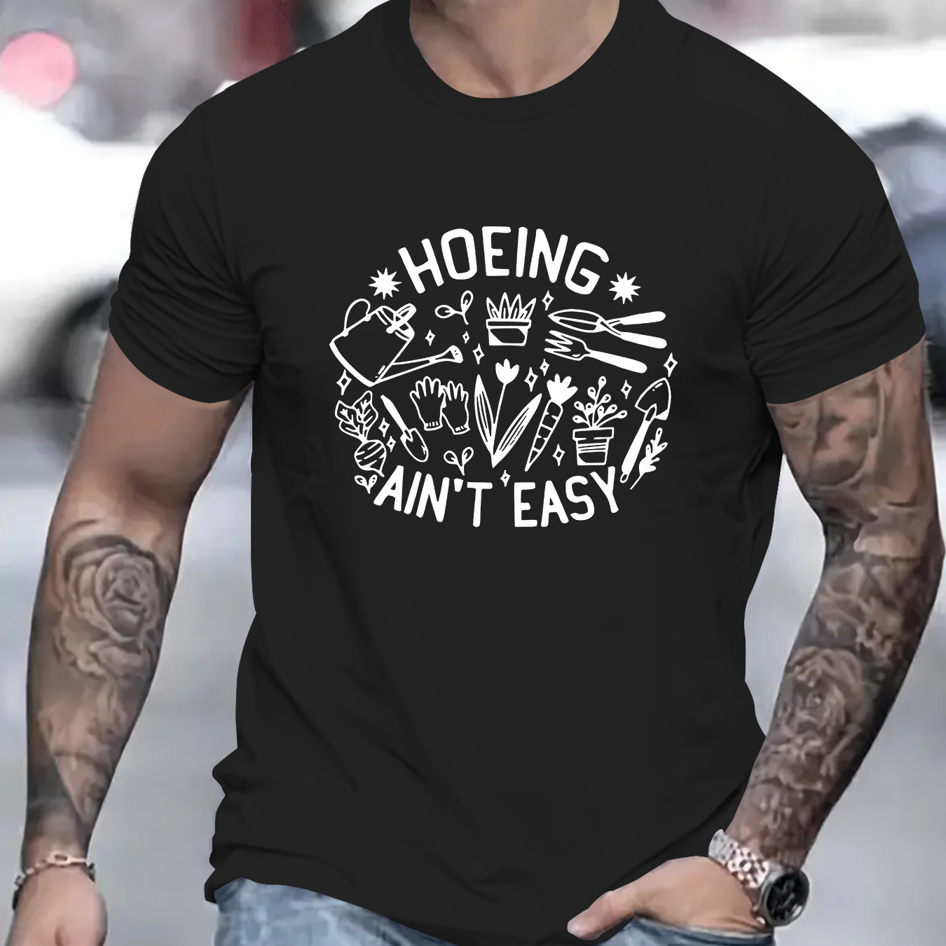

Men's Casual Fashion Short Sleeve T-shirt, Versatile Fashion Crew Neck Tee, Trendy Streetwear With Stylish " Hoeing Ain't Easy "print
