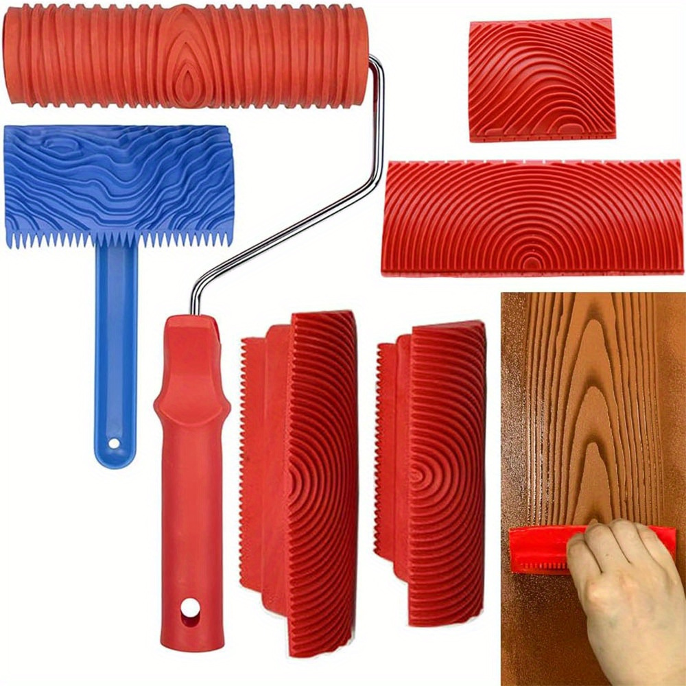 

6pcs Diy Wood Grain Effect Paint Roller Set - 7" Ergonomic Tool For Wall & Furniture Decor