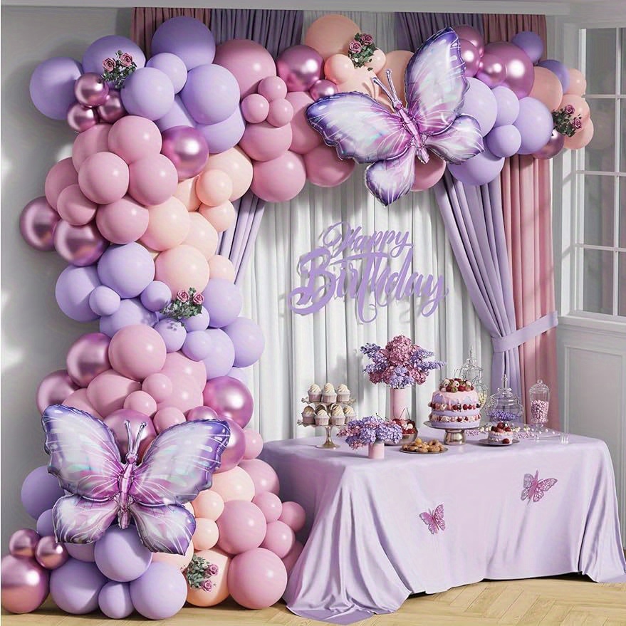 

144pcs Butterfly Balloon Arch Kit 10inch Purple Pink Macaron Orange Balloons With Purple Butterfly Foil Balloons For Baby Shower Mother's Day Birthday Party Decoration