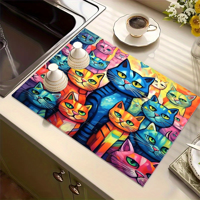 

1pc, Abstract Colorful Cats Print Drying Mat, Polyester, Water Absorbent Kitchen Countertop Pad For Dishes, Cups & Utensils, Home Dining Decor, Non-slip