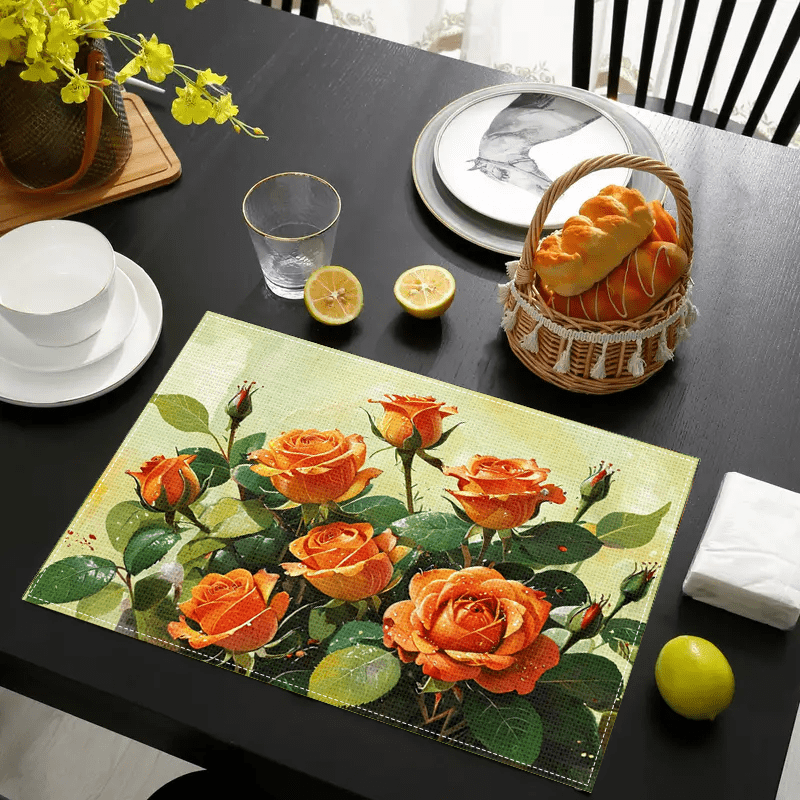 

4pcs Placemats, Warm Emotional Rose Flower Printed Linen Placemat, Personalized Design Non-slip Heat Insulation Table Mat, For Home Dinning Room And Restaurant, Kitchen Supplies