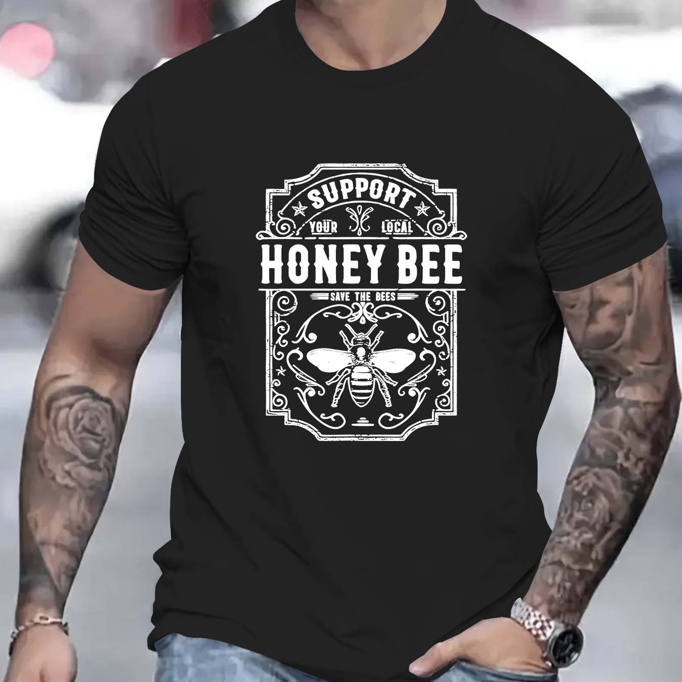 

Men's Casual Short Sleeve, Stylish T-shirt With "honey Bee" Creative Print, Summer Fashion Top, Crew Neck Tee-shirt For Male