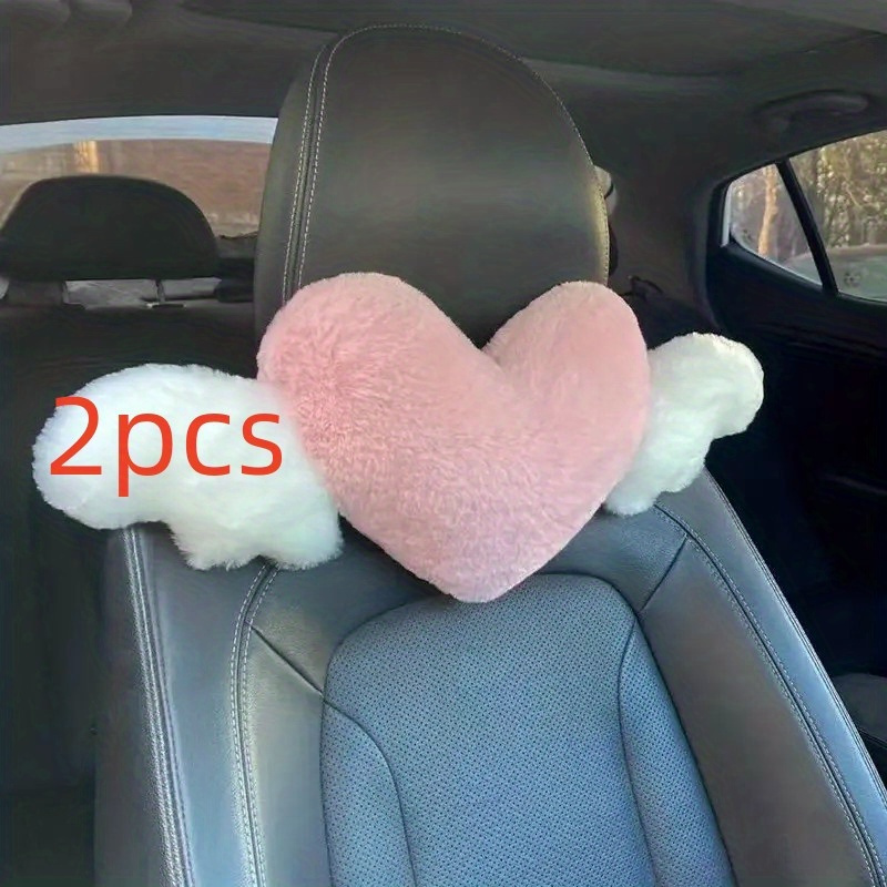 2pcs Plush Heart-Shaped Car Headrest Pillows with Angel Wings - Comfortable Neck Support Cushions for Car Seats - Fashionable Fabric Interior Car Accessories for Women