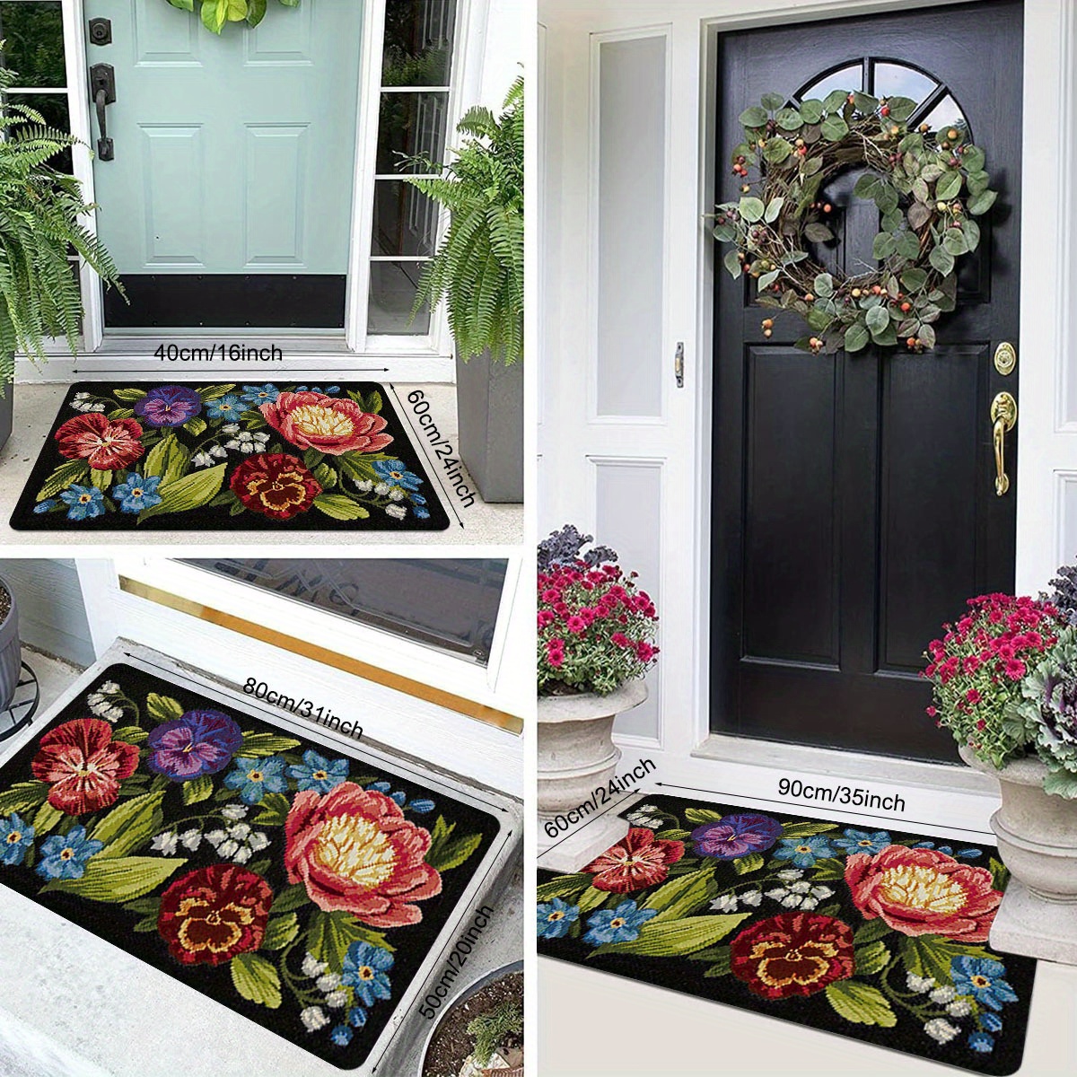 floral   print entrance mat non slip stain resistant polyester rug with sponge backing for indoor outdoor use   kitchen laundry room bathroom flannel 1cm sponge bottom quick dry details 1