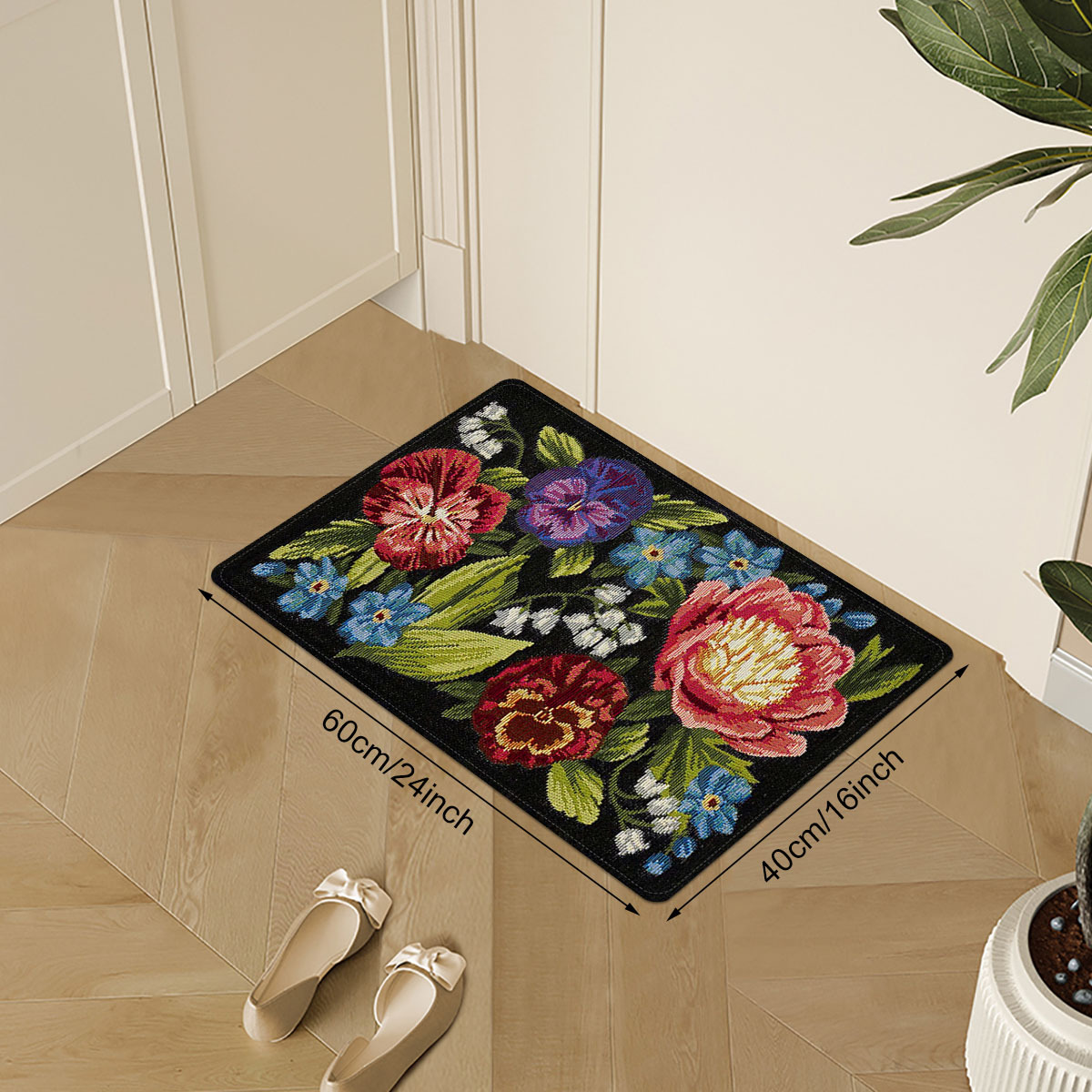 floral   print entrance mat non slip stain resistant polyester rug with sponge backing for indoor outdoor use   kitchen laundry room bathroom flannel 1cm sponge bottom quick dry details 2