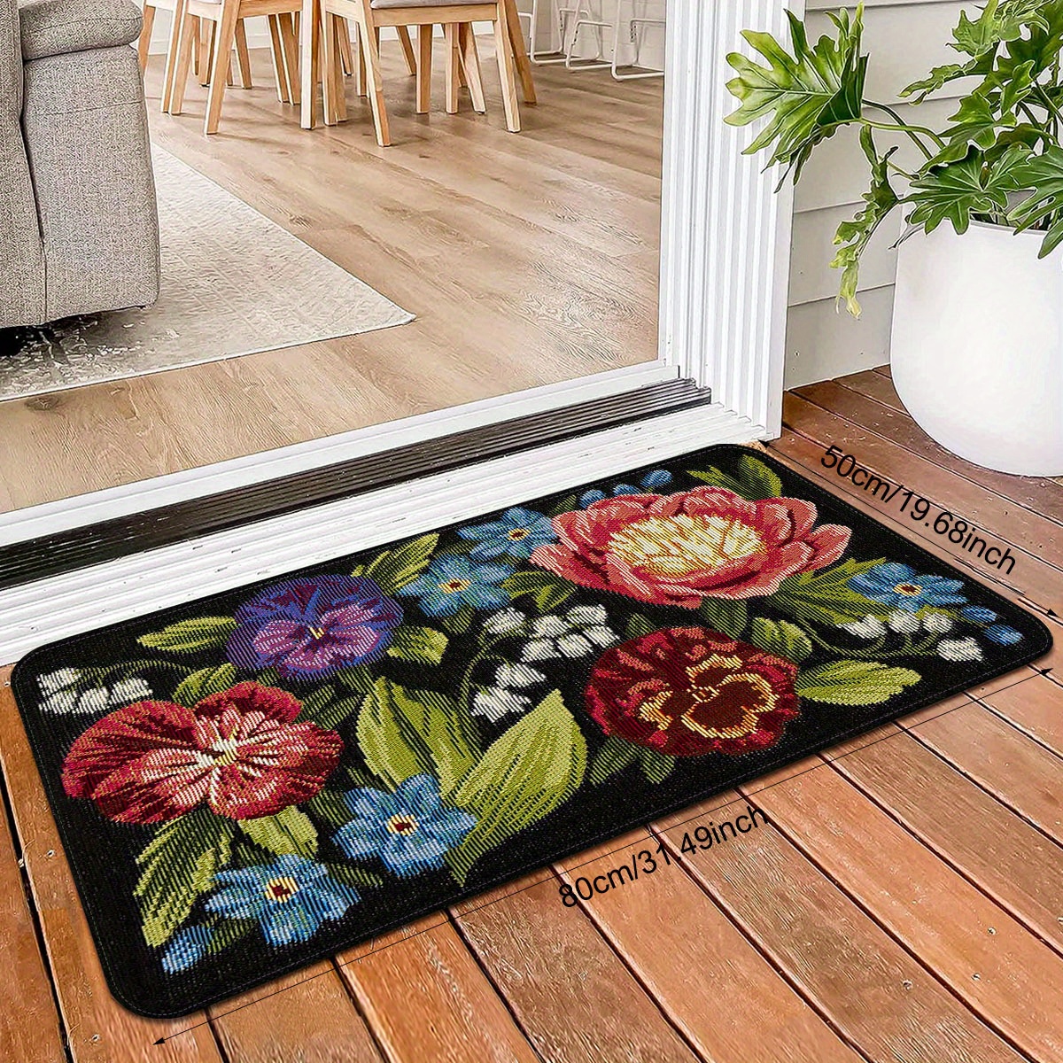 floral   print entrance mat non slip stain resistant polyester rug with sponge backing for indoor outdoor use   kitchen laundry room bathroom flannel 1cm sponge bottom quick dry details 3